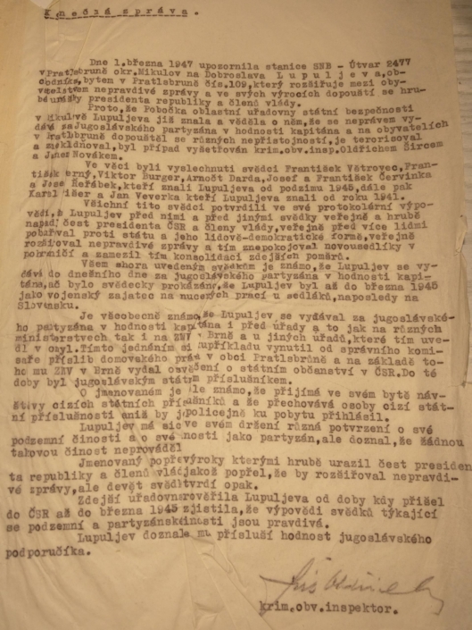 1947 - závěrečná zpráva z vyšetřování o D. Lupuljevovi, zdroj: Archiv bezpečnostních složek