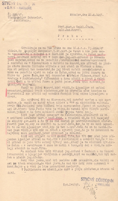 Rok 1947 - Kpt. Ivičič z ONV Mikulov hlásí Osídlovacímu úřadu v Praze