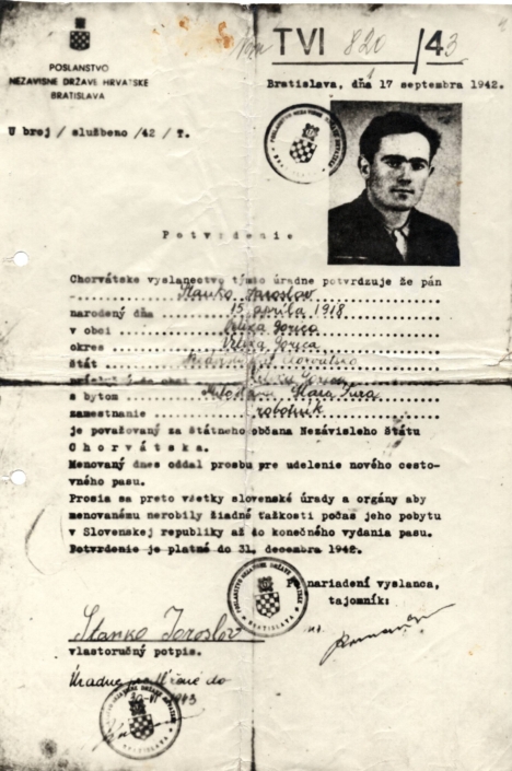 Doklad na falešné jméno Stanko Jaroslav pro Dobroslava Lupuljeva, rok 1942, zdroj: Vojenský ústřední archiv