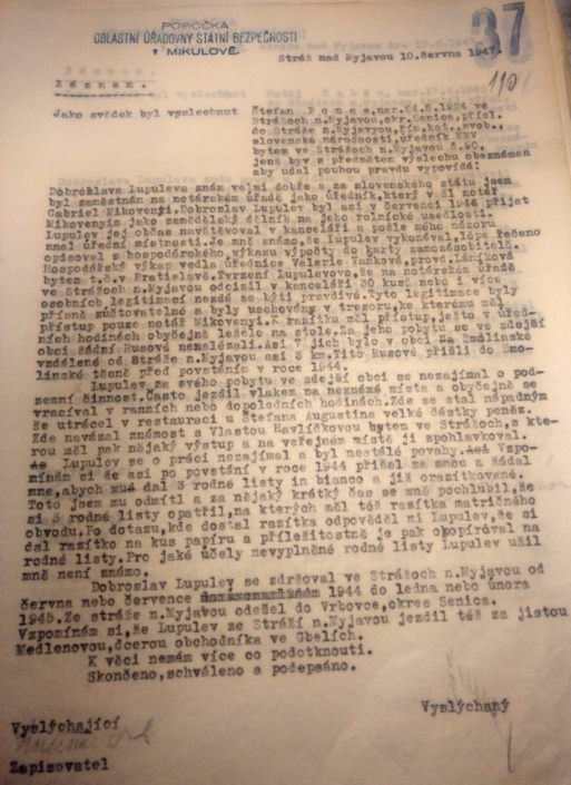 1947, úředník MNV města Stráže nad Myjavou o Dobroslavu Lupuljevovi z období 2. svět. války, zdroj: Archiv bezpečnostních složek