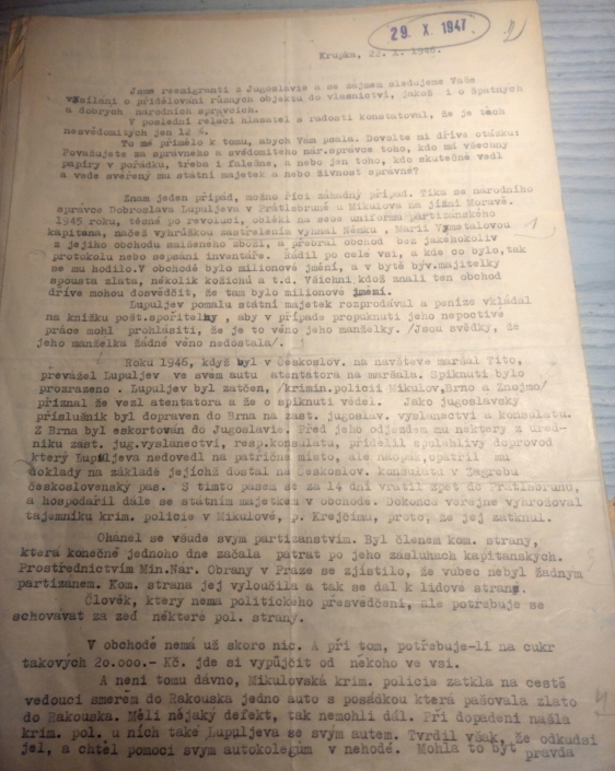 Lída Košinová posílá dopis Čs. rozhlasu, stěžuje si na: Dobroslav Lupuljev - strana 1. zdroj: Archiv bezpečnostních složek
