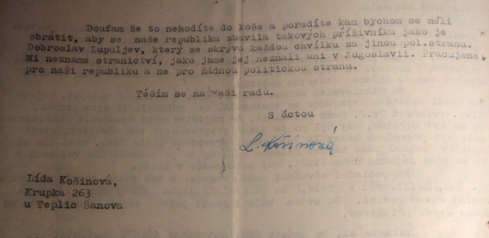 Lída Košinová posílá dopis Čs. rozhlasu, stěžuje si na: Dobroslav Lupuljev - strana 3. zdroj: Archiv bezpečnostních složek
