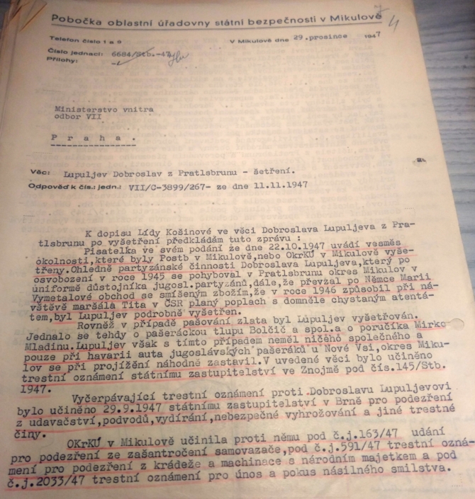 Zpráva o vyšetření Dobroslava Lupuljeva z prosince 1947, strana 1 - zdroj: Archiv bezpečnostních složek