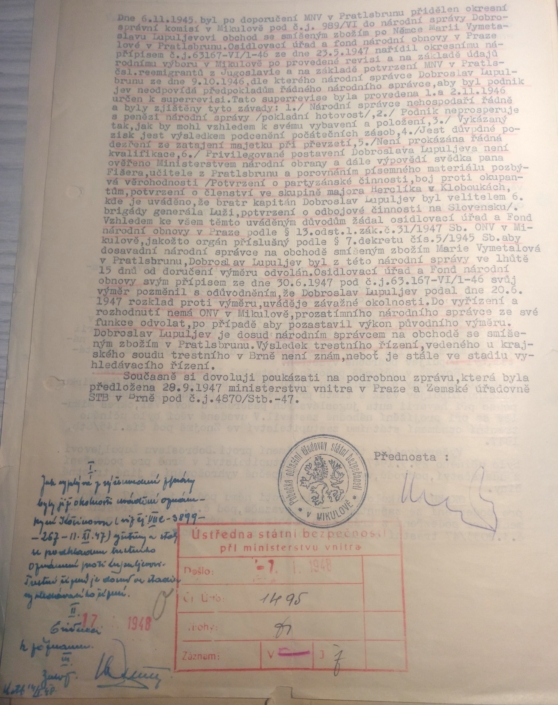 Zpráva o vyšetření Dobroslava Lupuljeva z prosince 1947, strana 2 - zdroj: Archiv bezpečnostních složek