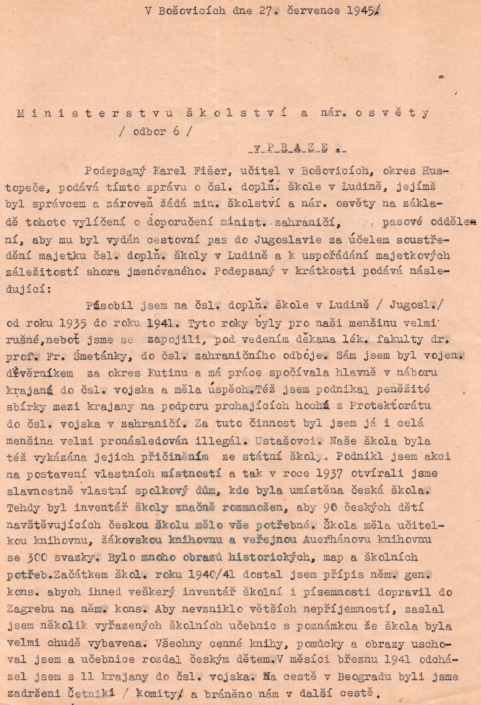 Karel Fišer v roce 1945 žádá o vydání pasu a popisuje svou práci v Jugoslávii, str. 1, zdroj Archiv Jaroslava Šimandla