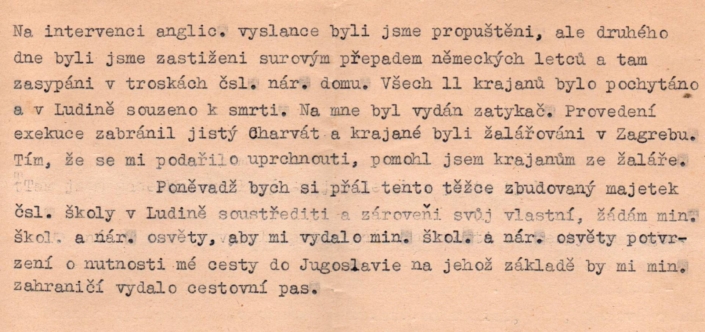 Karel Fišer v roce 1945 žádá o vydání pasu a popisuje svou práci v Jugoslávii, str. 2, zdroj Archiv Jaroslava Šimandla