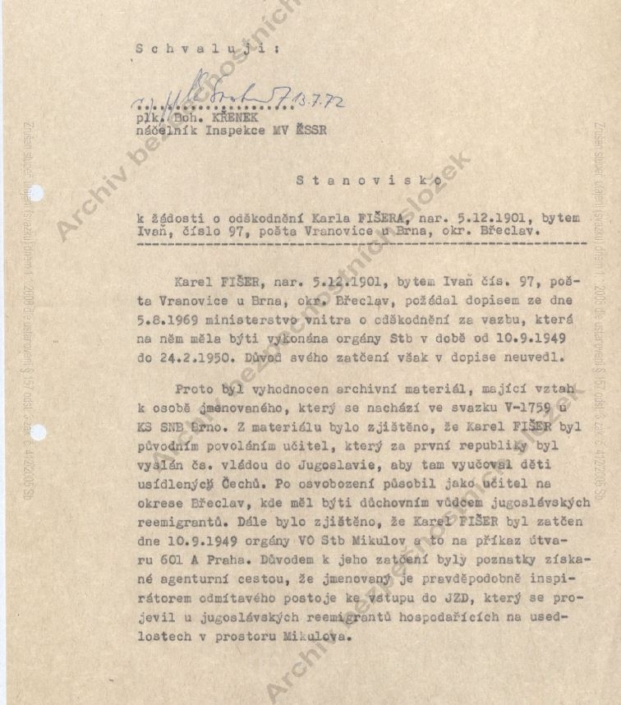 Inspekce MV v roce 1972 zaujímá stanovisko ohledně odškodnění Karla Fišera, strana 1, zdroj: Archiv bezpečnostních složek