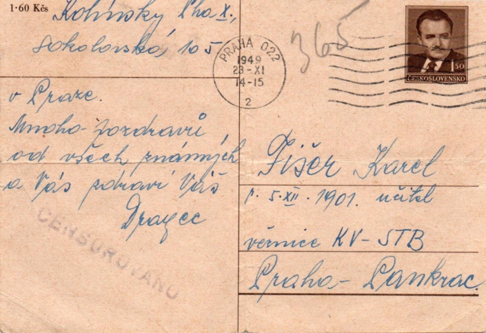 Korespondenční lístek pro Karla Fišera zaslaný do vězení v listopadu 1949. Zdroj: Archiv Jaroslava Šimandla