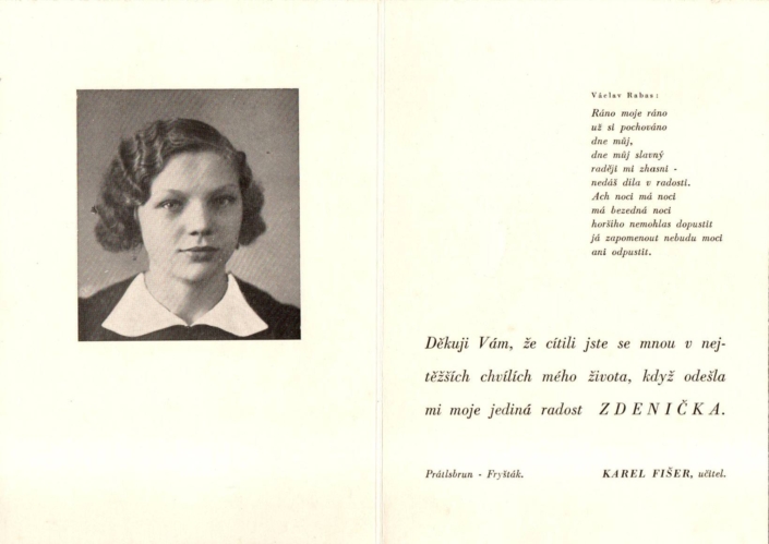 Karel Fišer děkuje za soucítění po úmrtí jeho jediné dcery, Zdeňky Fišerové. Rok 1946, zdroj: Archiv Jaroslava Šimandla