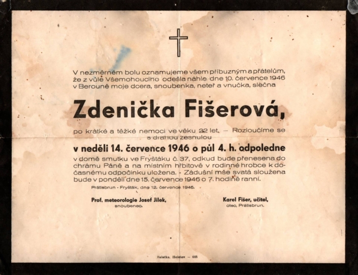 Karel Fišer oznamuje úmrtí jeho jediné dcery, Zdeňky Fišerové, která umřela na klíšťovou encefalitidu. Zdroj: Archiv Jaroslava Šimandla