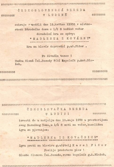 Pozvánka na kulturní akci v Národním domě v Ludině, hru na klavír doprovází učitel Karel Fišer, květen 1938, zdroj: Archiv Jaroslava Šimandla