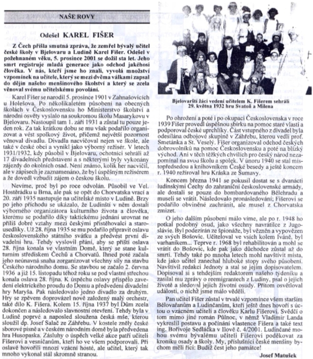 Časopis Jednota v Chorvatsku informuje o úmrtí učitele a organizátora Karla Fišera, zdroj: Jednota.hr - Željko Podsedník