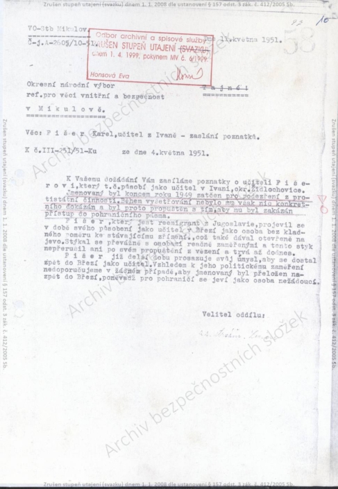 StB v Mikulově v roce 1951 si nepřeje návrat učitele Karla Fišera do Březí, zdroj: Archiv bezpečnostních složek
