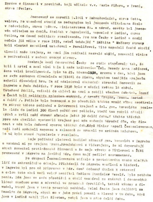 Karel Fišer sepisuje nedatovanou zprávu o své činnosti v rámci protifašistického boje, strana 1, zdroj: Archiv Jaroslava Šimandla