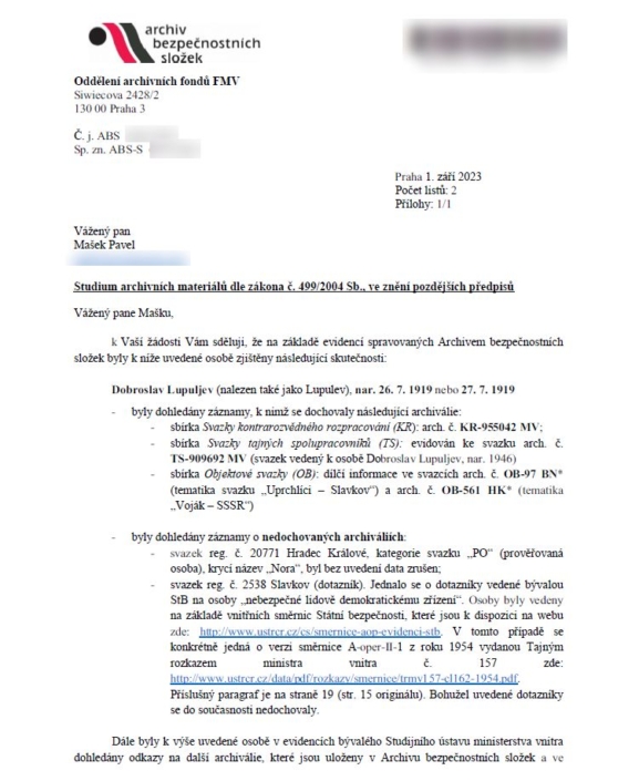 Archiv bezpečnostních složek - výsledek rešerše na jméno Dobroslav Lupuljev, strana 1, zdroj: Archiv bezpečnostních složek