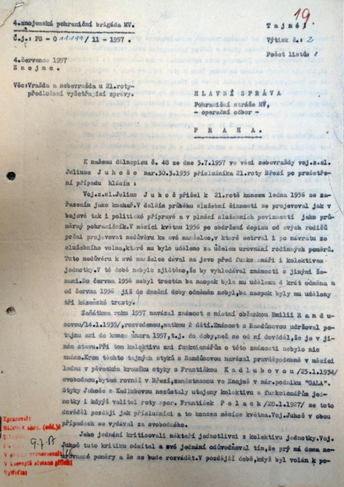 Případ zastřelení Juhoš a Kadlubová, vyšetřovací zpráva, list č. 1, zdroj: Archiv bezpečnostních složek