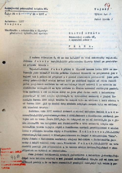 Případ zastřelení Juhoš a Kadlubová, vyšetřovací zpráva, list č. 1, zdroj: Archiv bezpečnostních složek