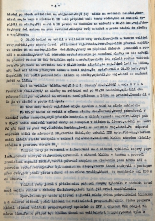 Případ zastřelení Juhoš a Kadlubová, vyšetřovací zpráva, list č. 4, zdroj: Archiv bezpečnostních složek