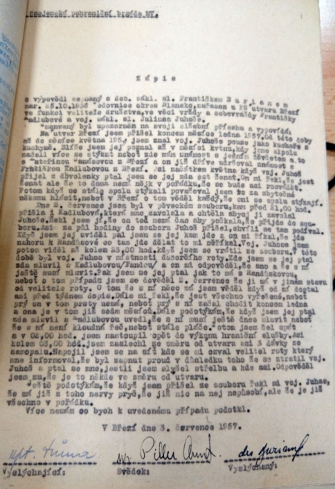 Případ zastřelení Juhoš a Kadlubová, zápis o výpovědi, Burian František, zdroj: Archiv bezpečnostních složek