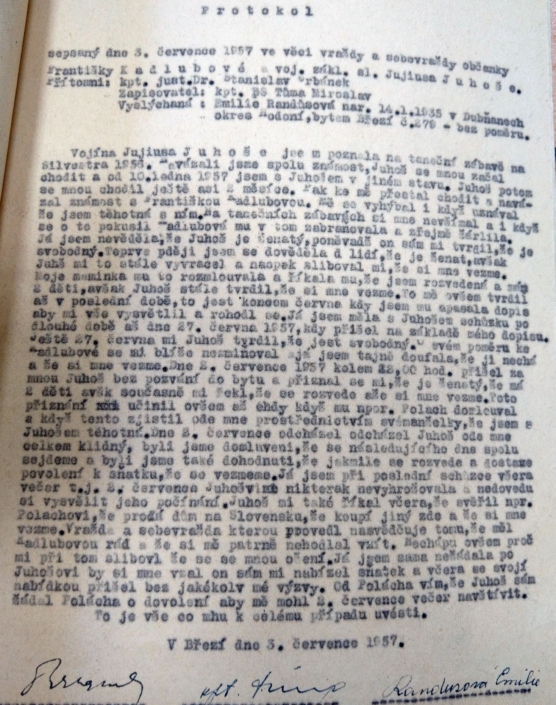 Případ zastřelení Juhoš a Kadlubová, protokol o výpovědi - Emilie Randusová, zdroj: Archiv bezpečnostních složek