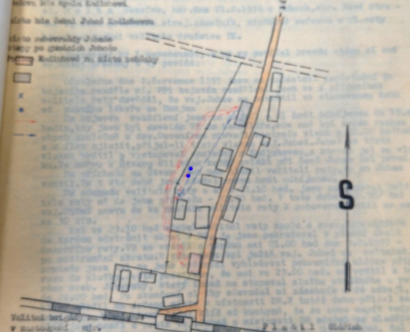 Případ zastřelení Juhoš a Kadlubová, mapka nálezu mrtvol, zdroj: Archiv bezpečnostních složek