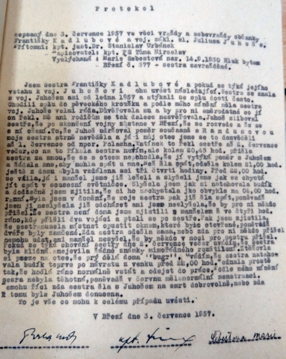 Případ zastřelení Juhoš a Kadlubová, protokol o výpovědi, Marie Šebestová, zdroj: Archiv bezpečnostních složek