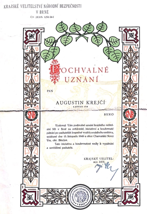 Pochvalné uznání pro A. Krejčího, rok 1949, zdroj: Lukáš Krejčí