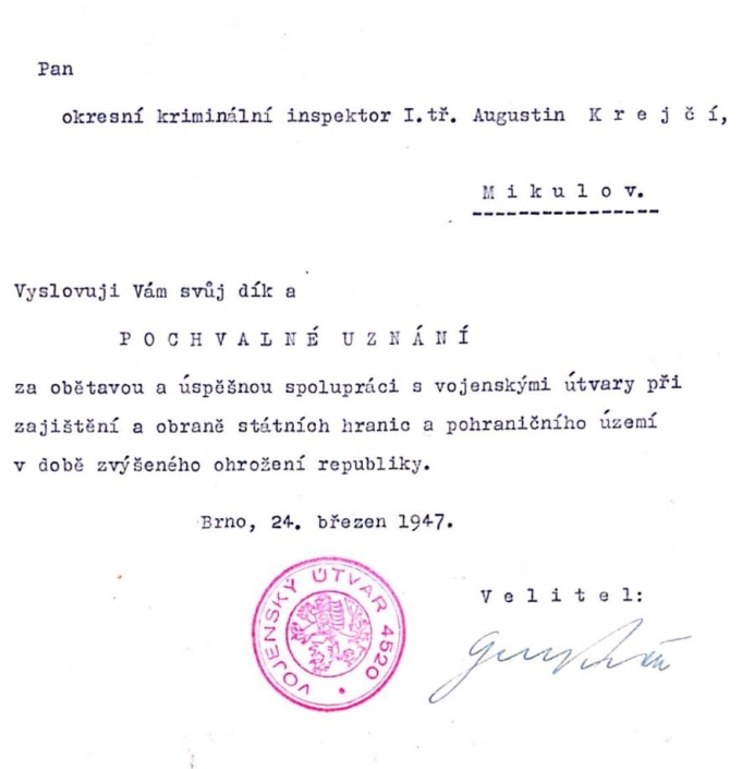 Pochvalné uznání pro A. Krejčího, březen 1947, zdroj: Lukáš Krejčí