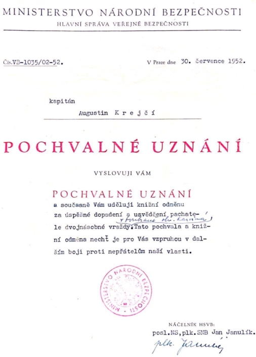 Pochvalné uznání pro A. Krejčího, červenec 1952, zdroj: Lukáš Krejčí