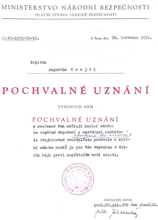 Pochvalné uznání pro A. Krejčího, červenec 1952, zdroj: Lukáš Krejčí