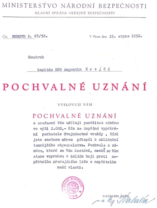 Pochvalné uznání pro A. Krejčího, srpen 1952, zdroj: Lukáš Krejčí