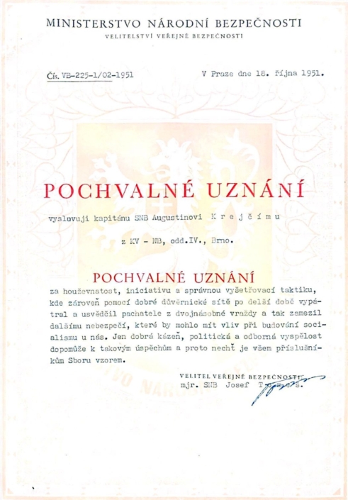 Pochvalné uznání pro A. Krejčího, říjen 1951, zdroj: Lukáš Krejčí