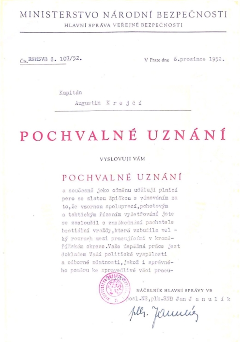 Pochvalné uznání pro A. Krejčího, prosinec 1952, zdroj: Lukáš Krejčí