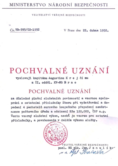 Pochvalné uznání pro A. Krejčího, duben 1952, zdroj: Lukáš Krejčí