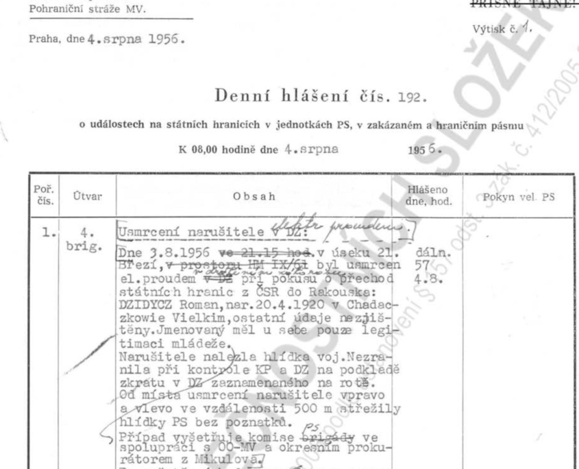 Denní hlášení čís. 192 ze dne 4. srpna 1956, Hlavní správa Pohraniční stráže MV - usmrcení narušitele Roman Dzidycz, zdroj: Archiv bezpečnostních složek