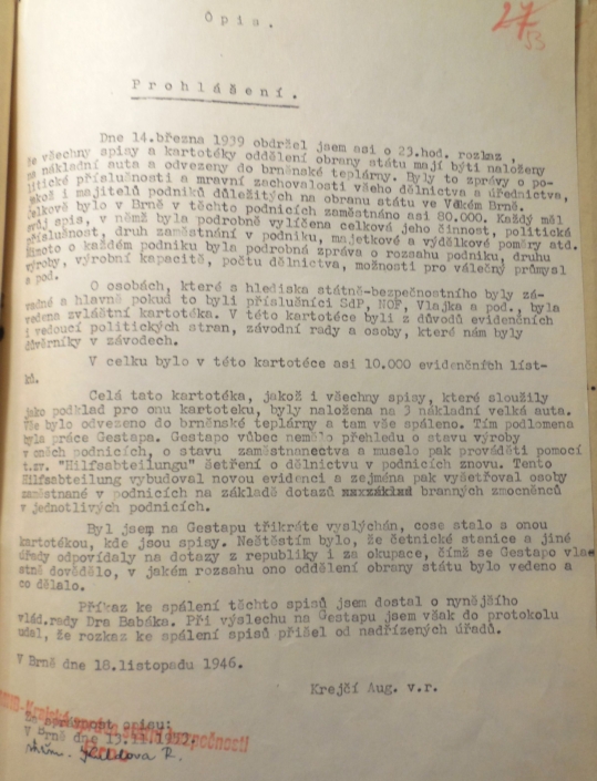 Prohlášení Augustina Krejčího ohledně JUDr. Babáka, rok 1946, opis, zdroj: Archiv bezpečnostních složek
