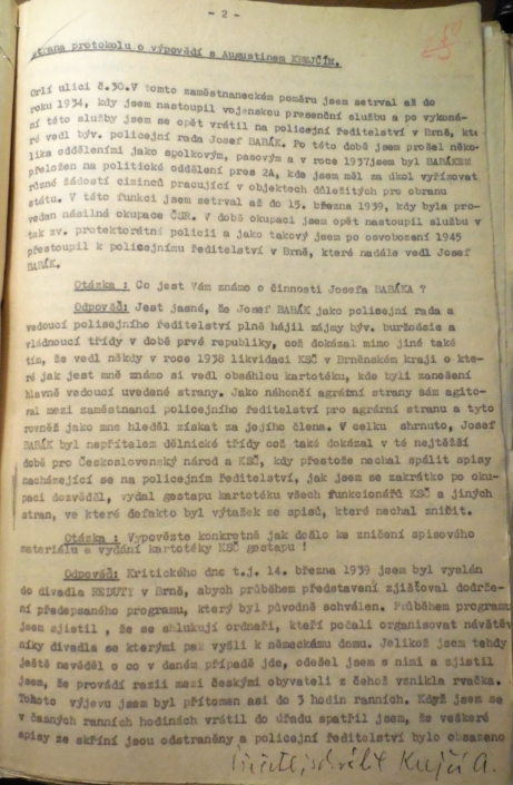 Protokol výpovědi Augustina Krejčího proti Josefu Babákovi, rok 1953, strana 2, zdroj: Archiv bezpečnostních složek