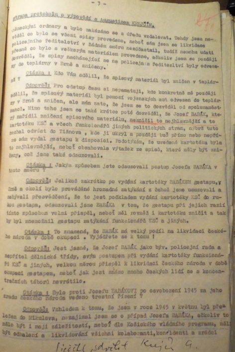 Protokol výpovědi Augustina Krejčího proti Josefu Babákovi, rok 1953, strana 3, zdroj: Archiv bezpečnostních složek