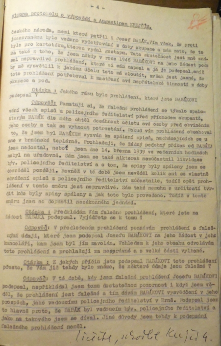 Protokol výpovědi Augustina Krejčího proti Josefu Babákovi, rok 1953, strana 4, zdroj: Archiv bezpečnostních složek