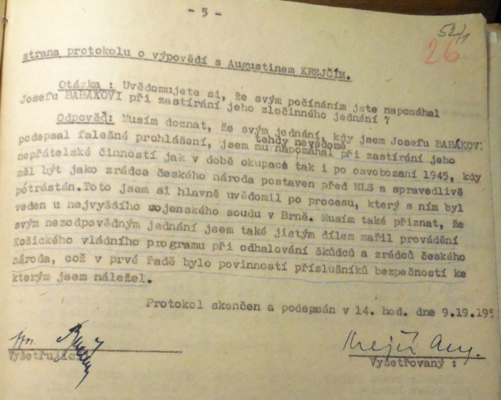 Protokol výpovědi Augustina Krejčího proti Josefu Babákovi, rok 1953, strana 5, zdroj: Archiv bezpečnostních složek