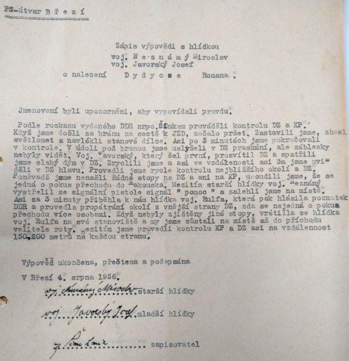 Zápis výpovědi hlídky ohledně nálezu těla Dzidycze, zdroj: Archiv bezpečnostních složek
