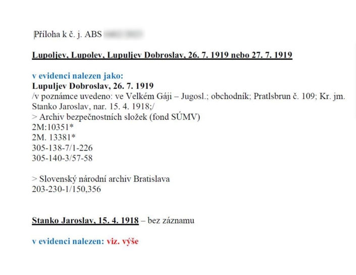 Archiv bezpečnostních složek - výsledek rešerše na jméno Dobroslav Lupuljev, příloha, zdroj: Archiv bezpečnostních složek