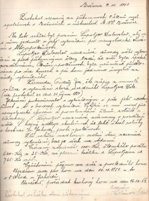 Protokol ze schůze myslivecké společnosti v Bošovicích ze dne 9. listopadu 1951 ohledně vyloučení Dobroslava Lupuljeva za nemyslivecké chování, zdroj: Jaroslav Šimandl