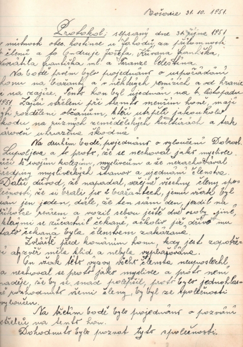 Zápis ze schůze myslivecké společnosti v Bošovicích ze dne 31. října 1951 ohledně vyloučení Dobroslava Lupuljeva za nemyslivecká chování, zdroj: Jaroslav Šimandl