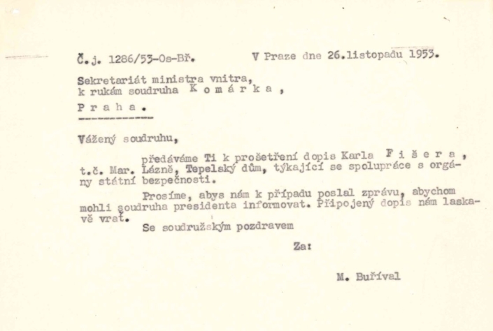 Pokyn k prošetření stížnosti Karla Fišera, zdroj: Archiv Kanceláře prezidenta republiky
