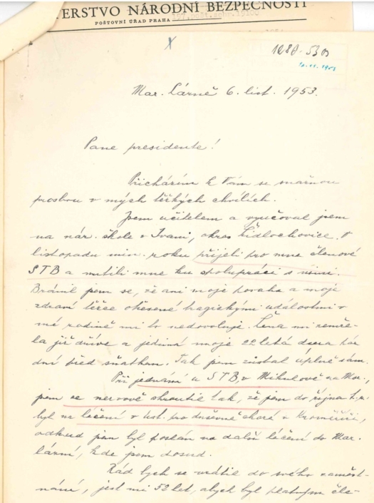 Karel Fišer se obrací na prezidenta republiky, žádá o pomoc, aby se mohl navrátit do běžného civilního života a stěžuje si na StB, strana 1, zdroj: Archiv Kanceláře prezidenta republiky