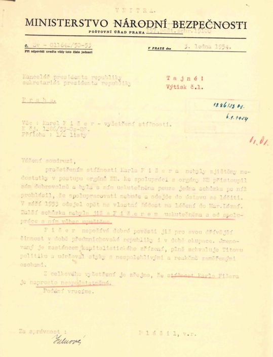 Ministerstvo vnitra posílá výsledek vlastního šetření ohledně Karla Fišera, který se obrátil na prezidenta republiky ve své žádosti o pomoc. Zdroj: Archiv Kanceláře prezidenta republiky