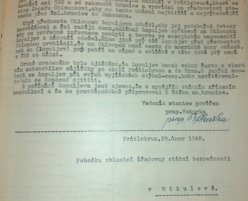 Dodatečné hlášení o tom, že Lupuljev 23. února 1948 měl vyzvídat na přednostovi žel. stanice Prátlsbrun Chloupkovi, jak se dostat do Rakouska, zdroj: Archiv bezpečnostních složek