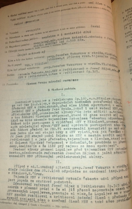 Záznam o Lupuljevovi ohledně jeho snižování členů MNV a KSČ Prátlsbrun v únoru 1948, strana 1, zdroj: Archiv bezpečnostních složek