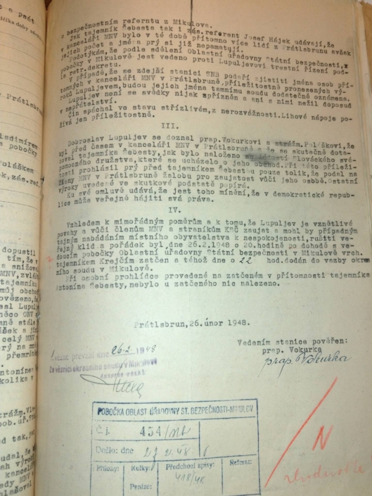 Záznam o Lupuljevovi ohledně jeho snižování členů MNV a KSČ Prátlsbrun v únoru 1948, strana 2, zdroj: Archiv bezpečnostních složek